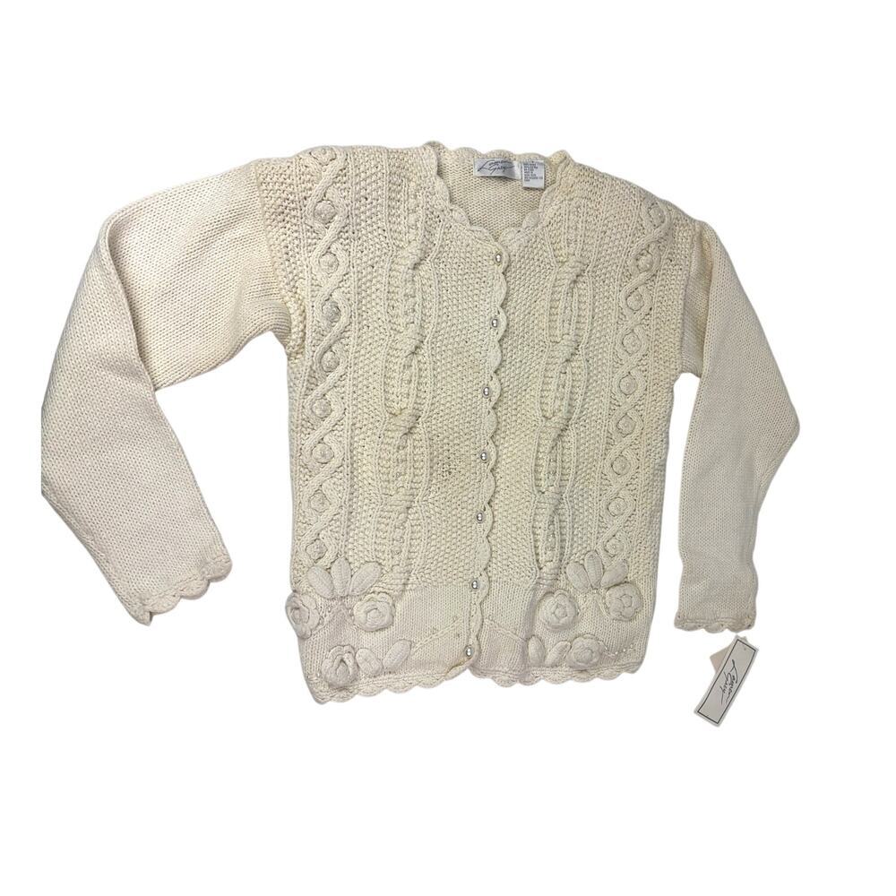 Vintage New Lauren Grey Cable‎ Knit Sweater Cardigan Pearl Buttons SMALL